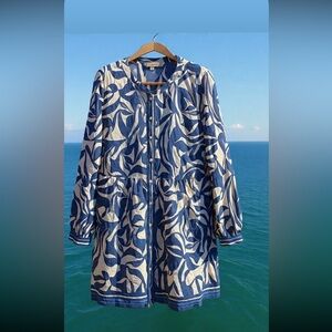 Mediterranean coastal tunic / Blue & White, tiered, chemise, rayon, midi, Large